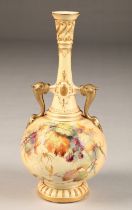 Royal Worcester twin handled bottle shaped vase, raised on a circular foot, decorated with hand