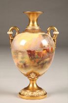 Royal Worcester twin handled vase, ovoid form raised on a circular foot, hand painted highland