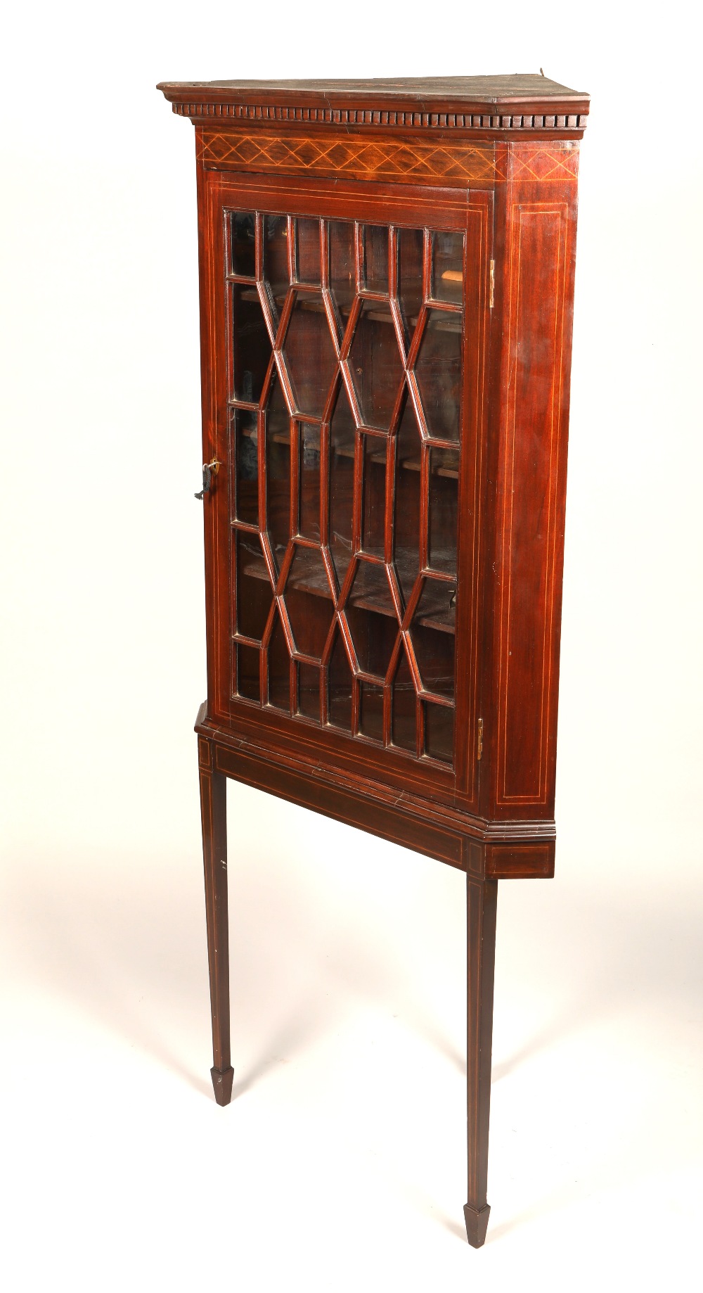 Edwardian inlaid mahogany glazed corner cabinet on stand, height 181cm - Image 2 of 2