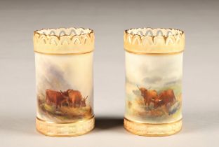 Royal Worcester vase, cylindrical form, pinched rim, decorated with hand painted highland cattle