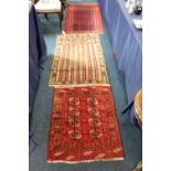 Baluchistan prayer rug, 135 x 77, another worn Baluchistan, and a Turkoman style mat with eight