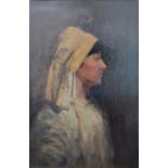 EARLY 20TH CENTURY SCHOOL Bust length portrait of a lady in yellow headscarf Oil on canvas,