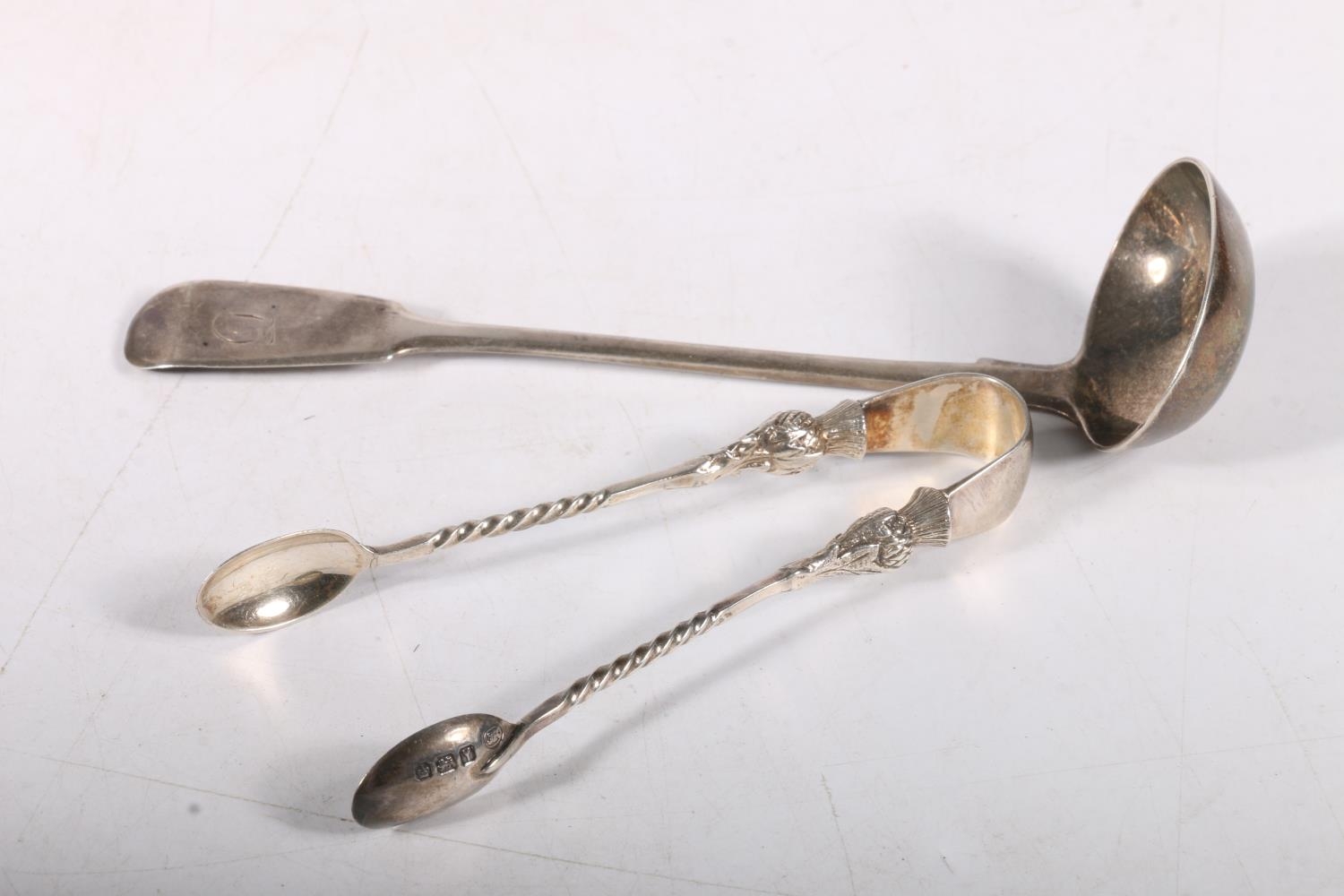 19th c. Scottish silver fiddle back toddy ladle, hallmarked George Booth, Aberdeen, 16cm, and a pair