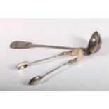 19th c. Scottish silver fiddle back toddy ladle, hallmarked George Booth, Aberdeen, 16cm, and a pair