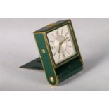 Jaeger LeCoultre 8 day travel clock with brushed silvered dial with baton indices and numbered to 3,