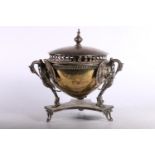 EPNS Potpourri with pierced lid resting on bowl supported by three birds on tripod base, 18cm.