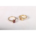 18ct gold hallmarked modernist style ring size M, and another with rectangle cut garnet size M, 7.4g