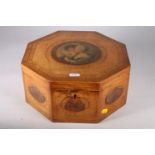 Regency satinwood octagonal work box, the centre decorated with a painted scene of two ladies,