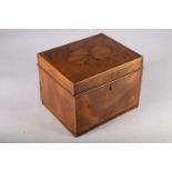 19th Century mahogany hinged box with mother of pearl playing pieces to the inside, 12cm tall.