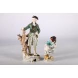 19th Century Meissen figure of a lady feeding chickens 11cm tall and a continental figure of a