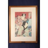 Meiji period kabuki yakusha-e woodblock poster with plaque inscribed Kunichika printed in CA. 34 x