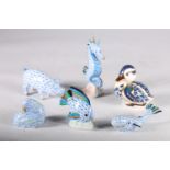 Group of Herend of Hungary ceramic models of a pig, seahorse, fish, rabbits and a whale, blue