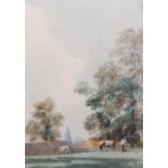 THOMAS HOLLIS (British 1818-1843) Two men with cattle beside a clump of trees Watercolour, unsigned,