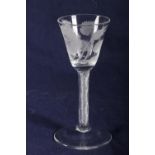 18th Century wine glass with 'Jacobite' engravings on multi series air twist, 15cm.