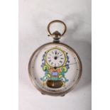 C. 1900 open faced pocket watch enamel dial with decorative Rococo clock design and exposed