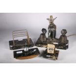 Art Deco cast bronze desk stand / lamp, Modelled as an elephant, flanked with integral inkwells,