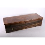 Victorian Swiss inlaid walnut cased cylinder music box, the hinged marquetry inlaid top enclosing