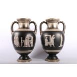 Pair of Victorian Etruscan revival twin handled vases by Pratt & Co circa 1850-60 of baluster form