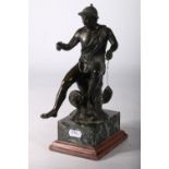 Fountain figure of a fisher boy with basket sitting on a rock with gargoyle on marble plinth base,