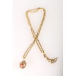 18ct gold chain link necklace with egg shaped pendant, 40cm, 40g gross.