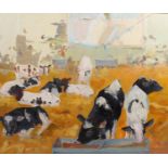 JAMES HARRIGAN RGI (Scottish 1937) *ARR* Untitled cows feeding Oil painting, signed lower left, 48cm