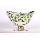 Edward VII pierced silver swing handle basket with green glass insert, hallmarked James Deakin &