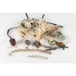 Quantity of costume jewellery to include faux pearls, filigree bracelet, cap badge, medal, 9ct