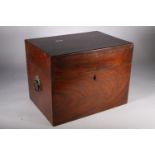 Victorian mahogany hinged top box with fabric interior, with loop ring handles, 25cm tall.
