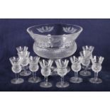 Edinburgh Crystal thistle style footed bowl, 17cm, and 10 matching liquor glasses.