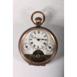 C. 1900 open faced pocket watch with white enamel three quarter dial with day and date subsidiary