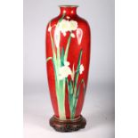 Japanese cloisonne ginbari vase Meiji 1868-1912 decorated with flowers and green stalks on red