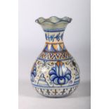 Italian majolica Cantigalli vase with flared neck, floral and incised decoration, blue cockerel