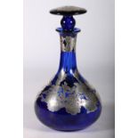 Blue glass silver mounted decanter with applied foliate decoration, marked 925 other markings