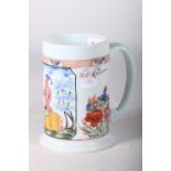 Bohemian milk glass tankard with inscription Hansje in de Kelder with fine painted border, floral