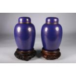 Pair of 20th century Chinese royal blue and brass inlaid cloisonne vases with covers bearing four