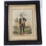 Large Victorian coloured print of Robert Burns in dark frame