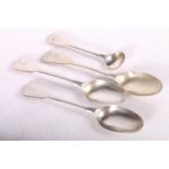 William IV Scottish silver fiddle back tea spoons (3), with arm holding dagger to handle, hallmarked