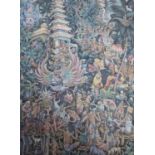 I WAYAN PENDET (Indonesian b1936) Balinese scene with figures and pagodas Gouache on silk, signed