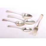 George III silver spoons and one fork, all hallmarked William Eley I & William Fearn, London 1796 or