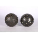 Pair of 19th French brass studded petanque balls, 10cm.