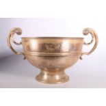 Silver twin double scroll handled hemi-spherical prize cup with ‘Vincit Qui Patitur’ crest by