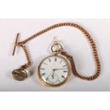 18ct gold cased open face pocket watch on 9ct gold albert chain with citrine fob, 150g gross.