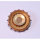 Victorian 15ct gold circular brooch with pearl centre, Chester 1890, 12g gross.