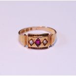 Victorian pearl and ruby ring in 15ct gold, size L.