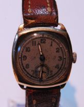 Meteor 9ct gold 15 rubies manual wind watch, c. 1940s/50s, the silvered dial with Arabic numerals