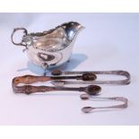 Silver sauce boat, 1918, sugar tongs by Dorothy Langlands, c. 1790, and two others, 216g or 7oz.  (