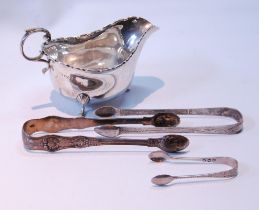 Silver sauce boat, 1918, sugar tongs by Dorothy Langlands, c. 1790, and two others, 216g or 7oz.  (