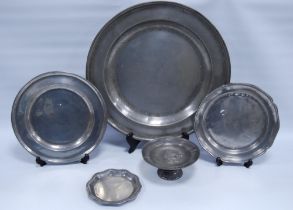 Group of 19th century and later pewter to include a plate stamped B&P with London touch marks verso,