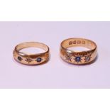 Two three-stone rings, diamond and sapphire, in 18ct gold, 12g.
