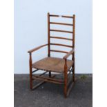 In the Manner of Liberty Arts and Crafts ash and elm ladder-back elbow chair with shaped armrests